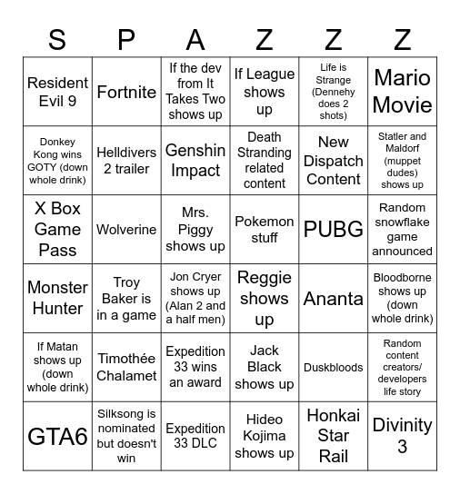 JEFF KIELY'S AWARD SHOW BINGO Card