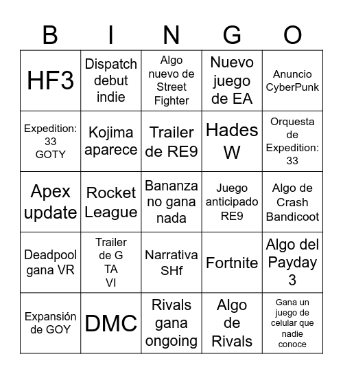 Bingo Game Awards Bingo Card