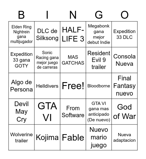 Game Awards 2025 Bingo Card