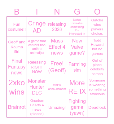 roxy game awards!! :) Bingo Card