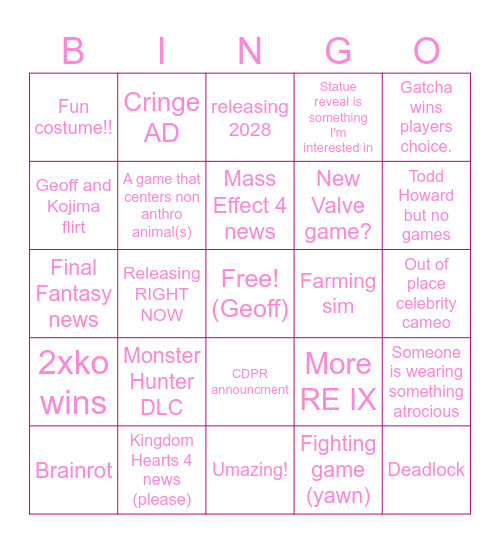 roxy game awards!! :) Bingo Card