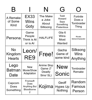 Game Awards Bingo Card
