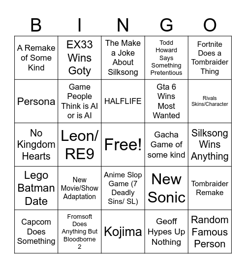 Game Awards Bingo Card
