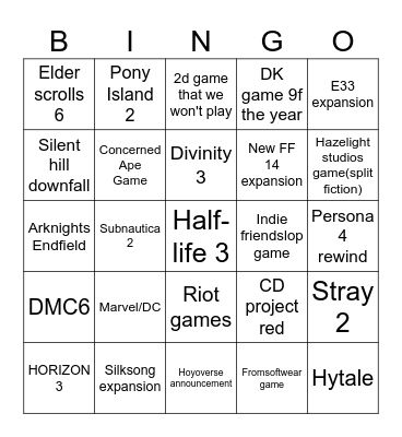The Game Awards 2025 Bingo Card