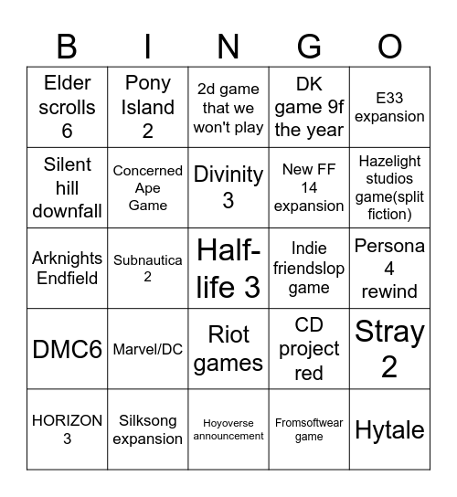 The Game Awards 2025 Bingo Card