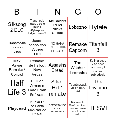 Game Awards Bingo Card