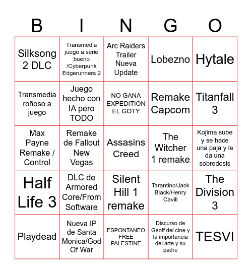 Game Awards Bingo Card