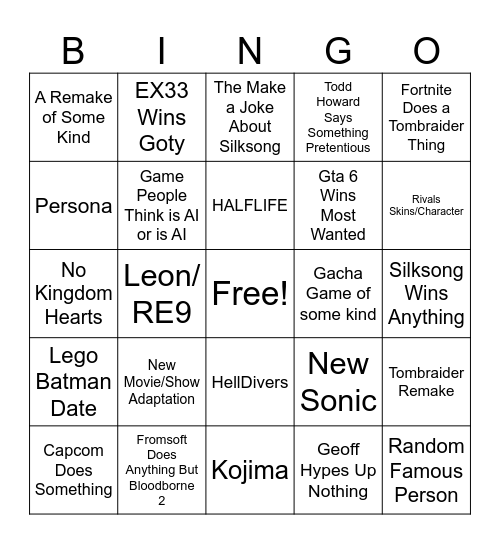 Game Awards Bingo Card