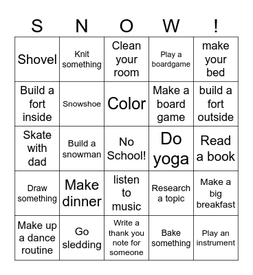 Snow Day Bingo Card