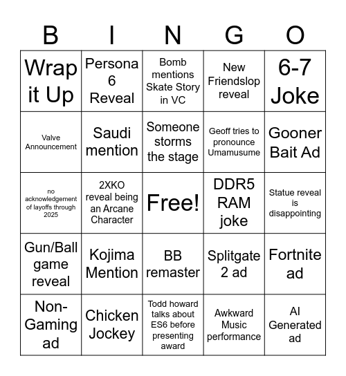 Game Awards Bingo Card