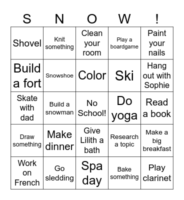 Snow Day Bingo Card
