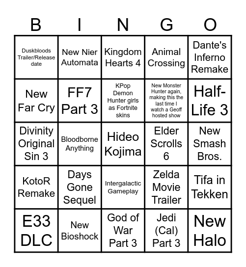 TGA 2025 Bingo Card