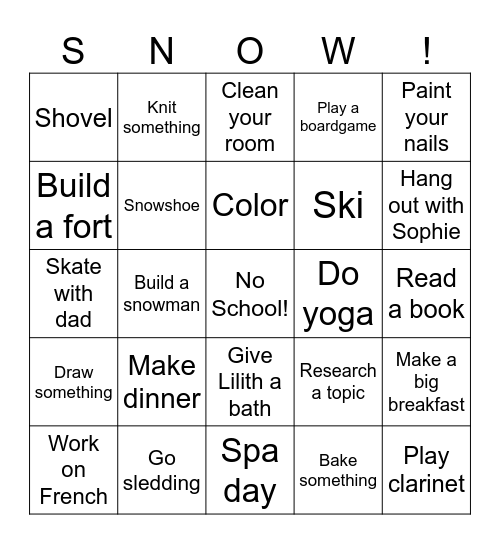 Snow Day Bingo! Bingo Card