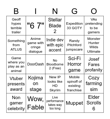 TGA 2025 Final Version Bingo Card