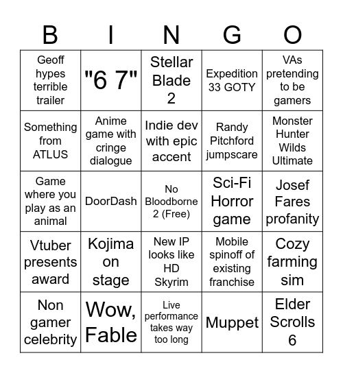 TGA 2025 Final Version Bingo Card