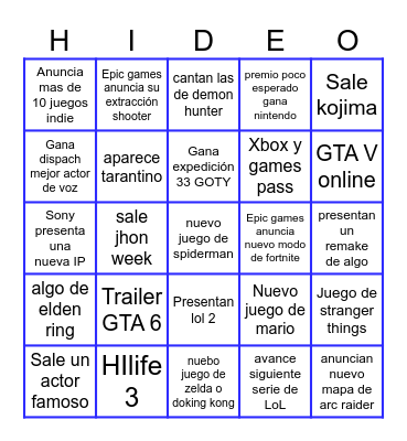 Bingo de los Game Awards Bingo Card