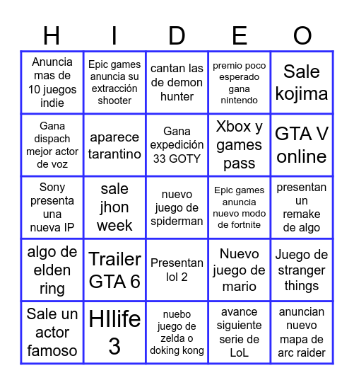 Bingo de los Game Awards Bingo Card