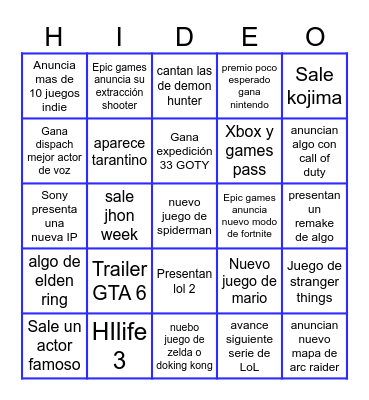 Bingo de los Game Awards Bingo Card