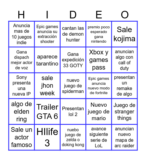 Bingo de los Game Awards Bingo Card