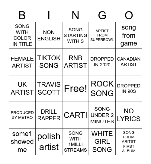 spotify Bingo Card