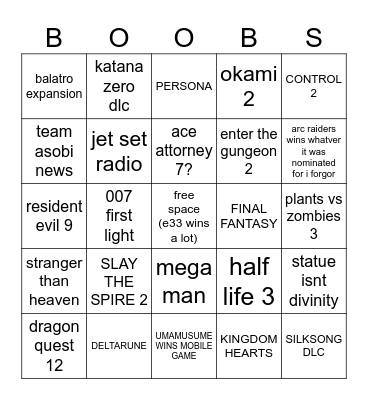 TGA Bingo Card