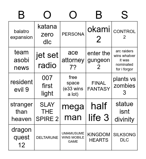 TGA Bingo Card