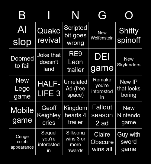 Game Awards 2025 bingo Card