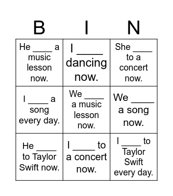 Present Simple and Present Continuous Bingo Card