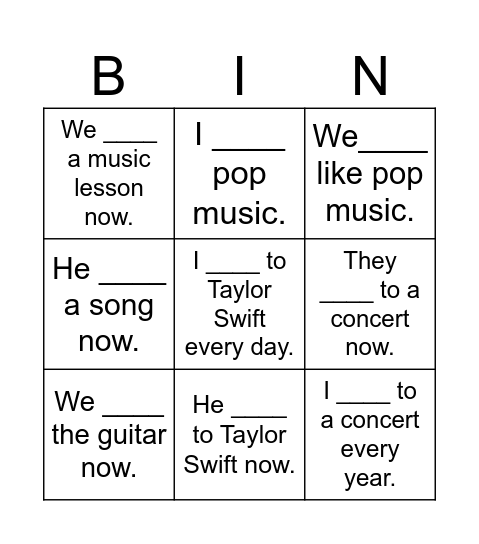 Present Simple and Present Continuous Bingo Card