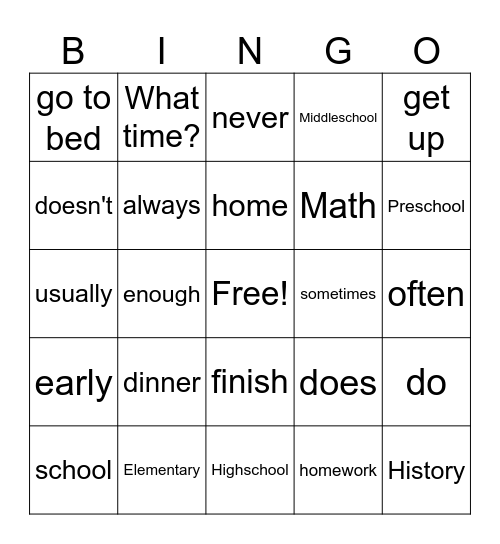 ESOL 1 Bingo Card
