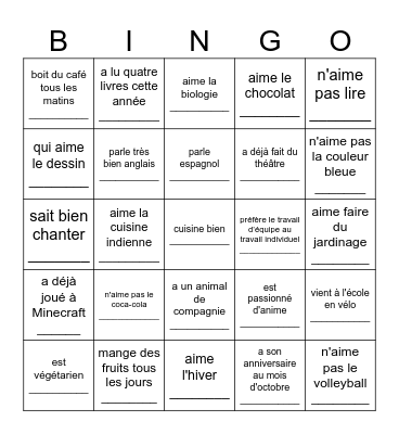 TROUVE QUELQU'UN QUI Bingo Card