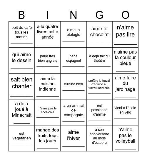TROUVE QUELQU'UN QUI Bingo Card