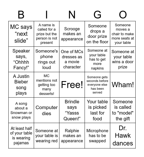 Pajama Jam Bingo Card
