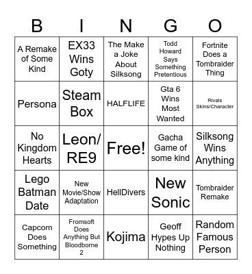 Game Awards Bingo Card