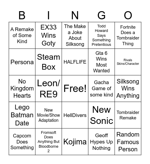 Game Awards Bingo Card
