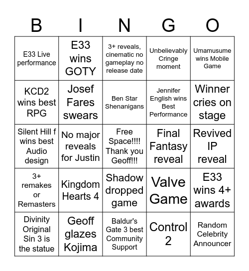Game Awards 2025 BabaBingo Card