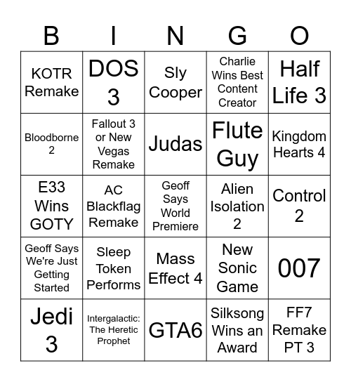 Game Awards 2025 Bingo Card