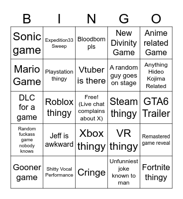 Game Awards Bingo Card