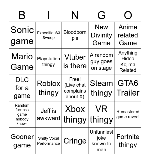 Game Awards Bingo Card