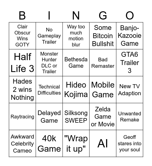 Game Awards 2025 Bingo Card
