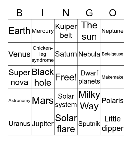 Planets Bingo Card