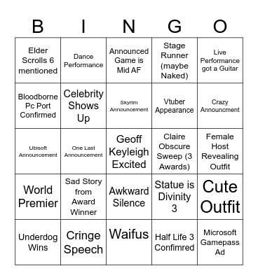 Stream Awards Bingo Card