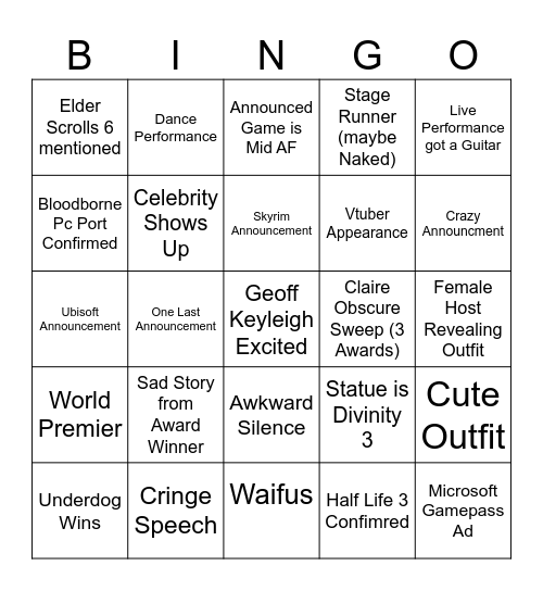 Stream Awards Bingo Card