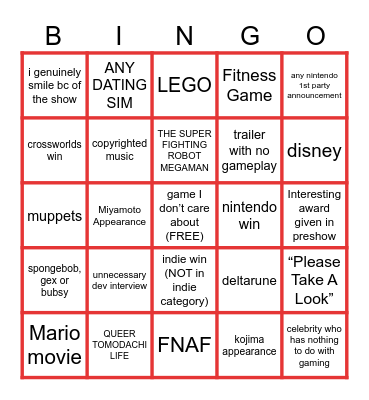 GAME AWARDS BINGO SHcMOOK Bingo Card