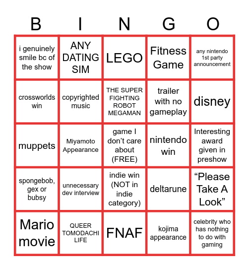 GAME AWARDS BINGO SHcMOOK Bingo Card