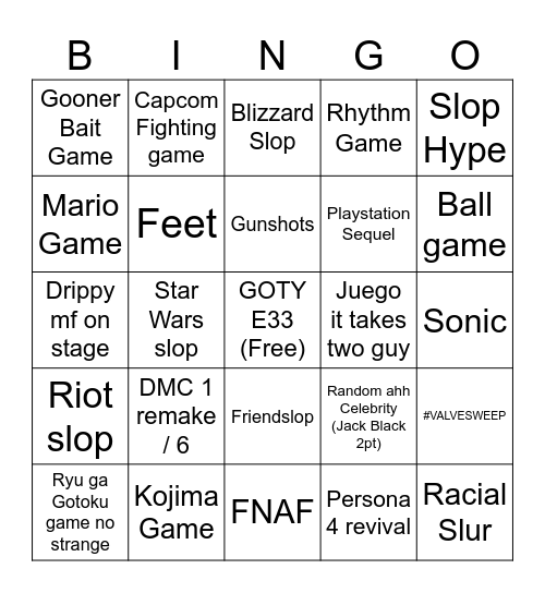 Bingo Game Awards Bingo Card