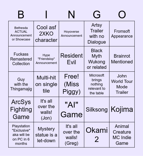 Game Awards 2025 Bingo Card