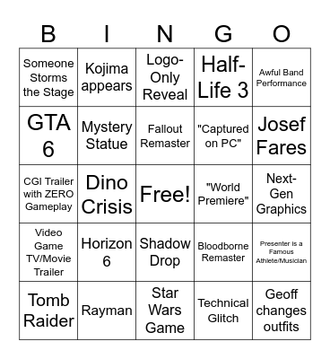 Game awards Bingo Card