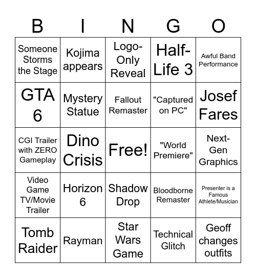 Game awards Bingo Card