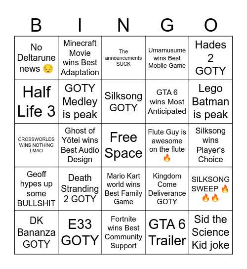The Game Awards 2025 Bingo Card